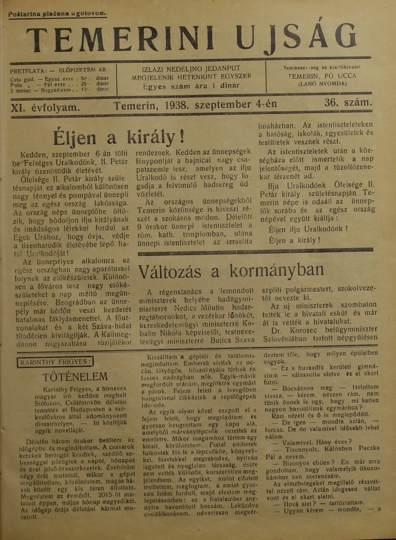 Temerini Újság 1928-1944, 11. évf. 1938. szeptember 4. 36. sz.