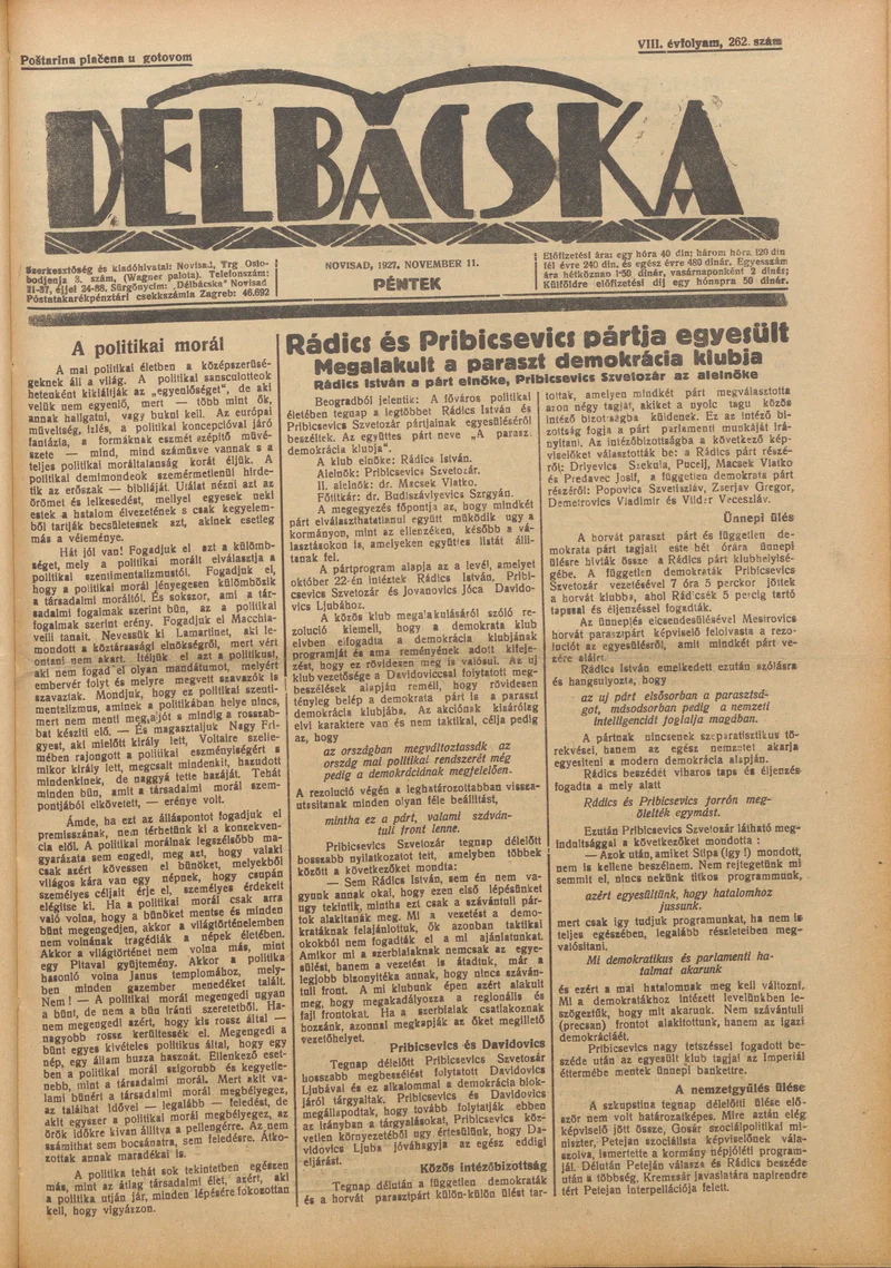 Délbácska, 8. évf. 1927. november 11. 262. sz.