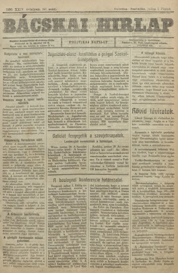 Bácskai Hirlap, 24. évf. 1920. július 2. 101. sz.
