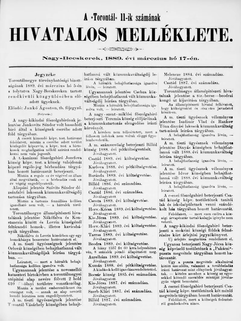 A Totontál  hivatalos melléklete, 2. évf. 1889. március 17. 11. sz.