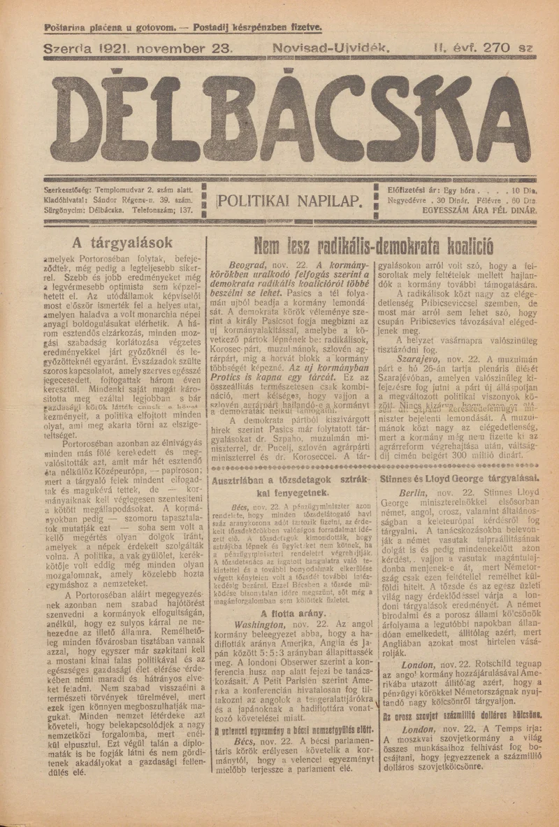 Délbácska, 2. évf. 1921. november 23. 270. sz.