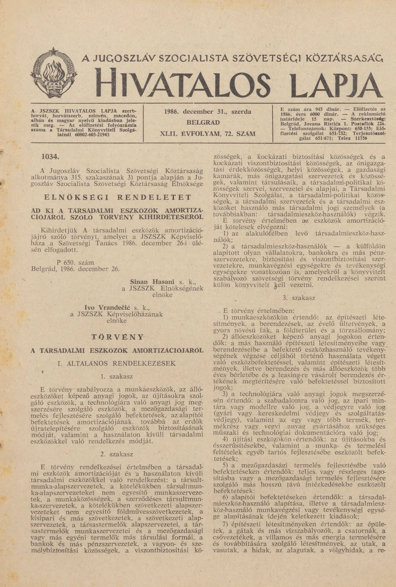 A Jugoszláv Szocialista Szövetségi Köztársaság Hivatalos Lapja, 42. évf. 1986. december 31. 72. sz. 2161–2268. oldal