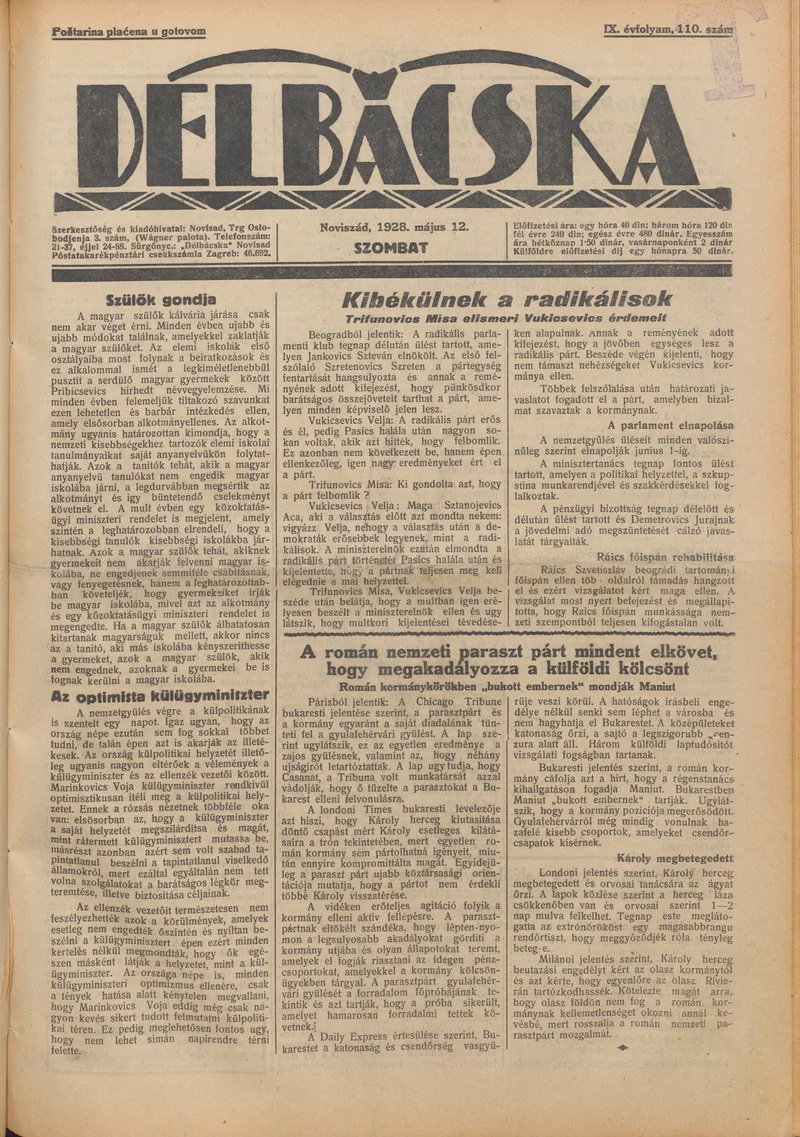 Délbácska, 9. évf. 1928. május 12. 110. sz.