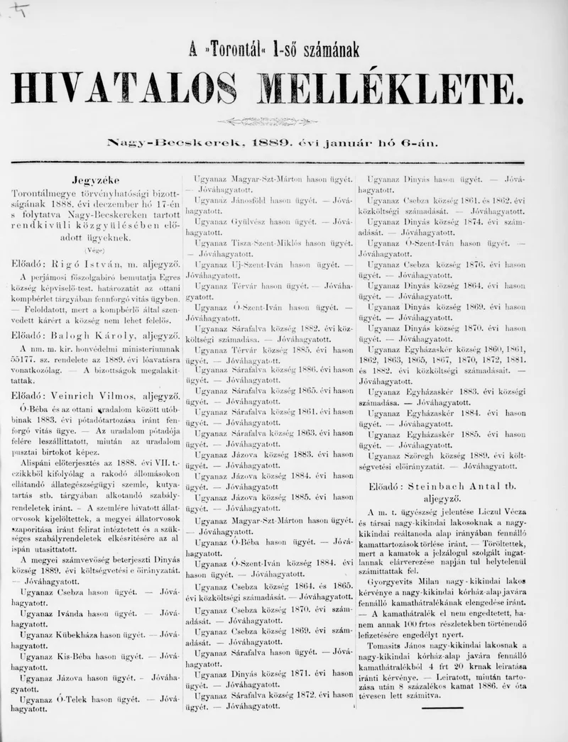 A Totontál  hivatalos melléklete, 2. évf. 1889. január 6. 1. sz.