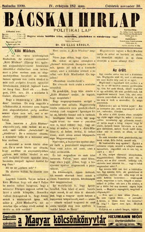 Bácskai Hirlap, 4. évf. 1900. november 30. 182. sz.