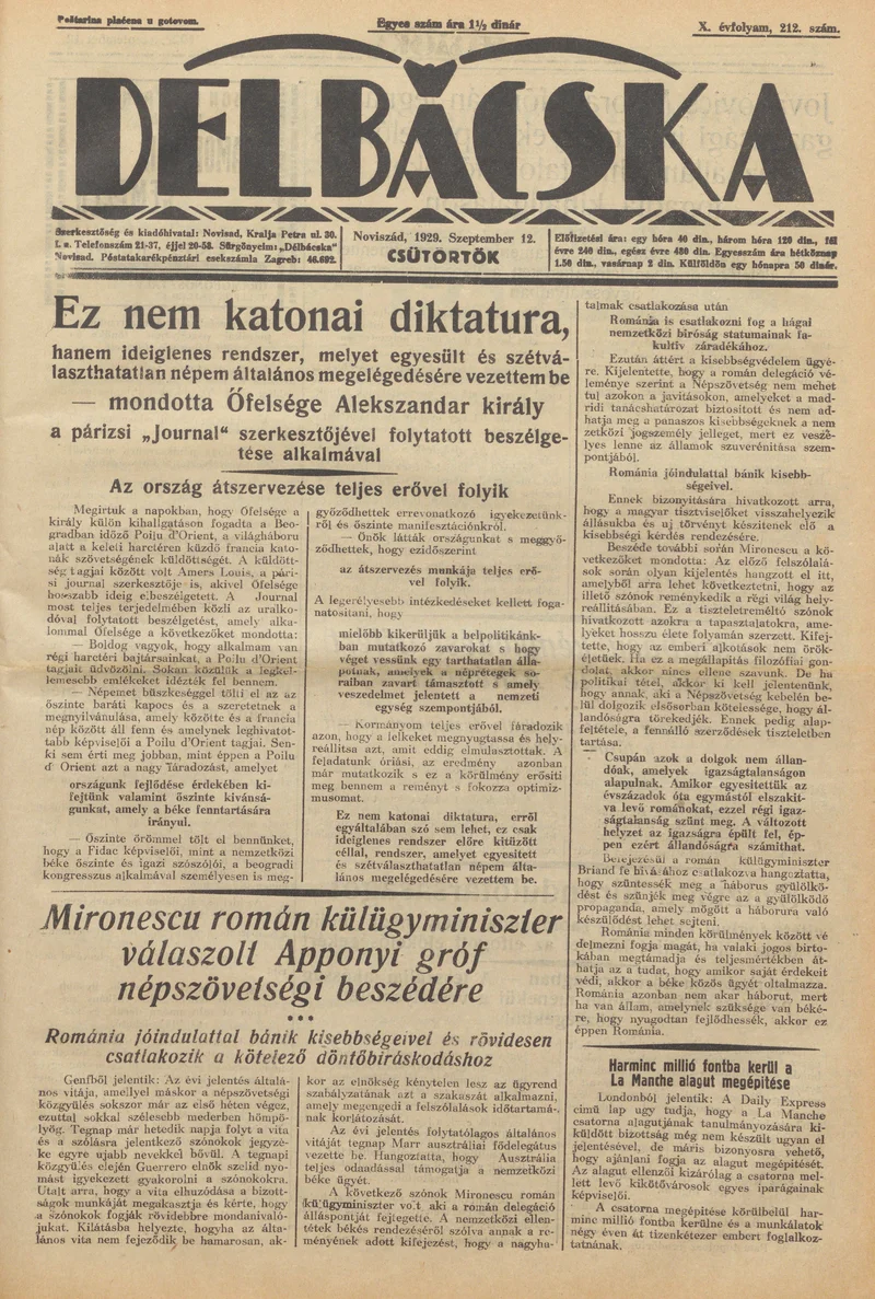 Délbácska, 10. évf. 1929. szeptember 12. 212. sz.