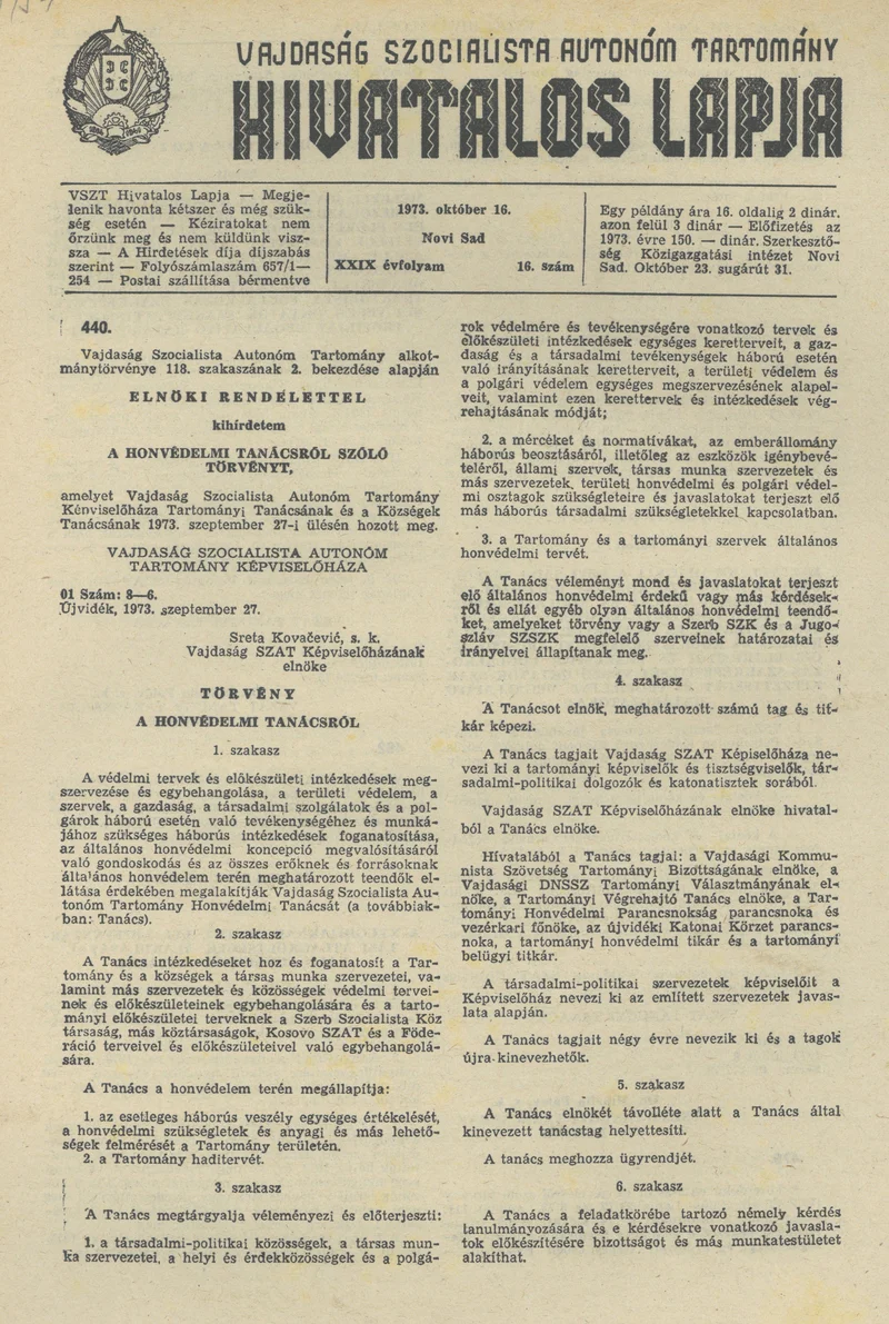 Vajdaság Szocialista Autonóm Tartomány Hivatalos Lapja, 29. évf. 1973. október 16. 16. sz. 473–476. oldal