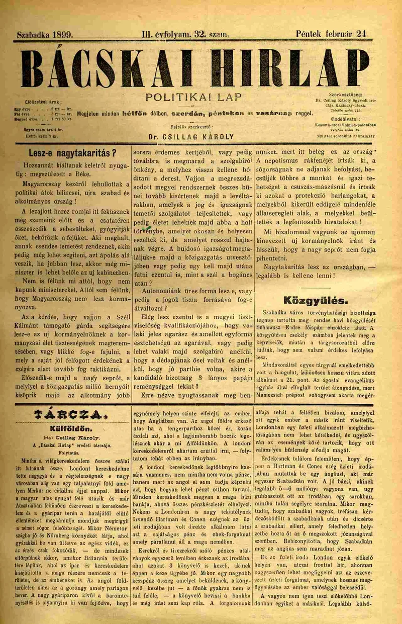 Bácskai Hirlap, 3. évf. 1899. február 24. 32. sz.