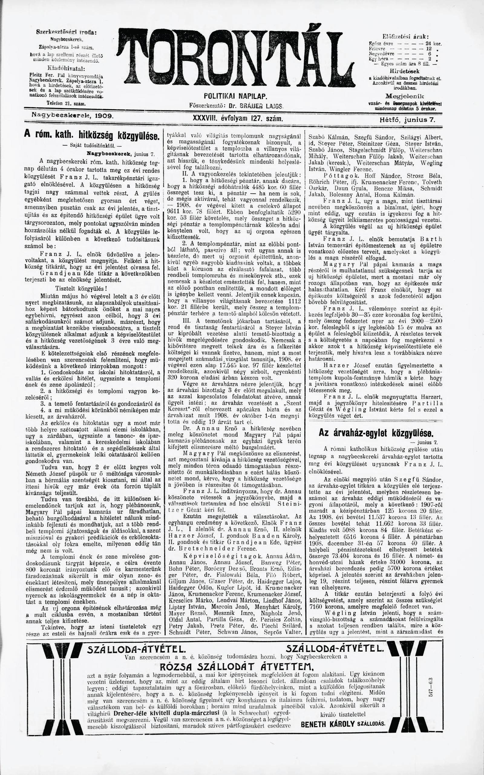 Torontál, 38. évf. 1909. június 7. 127. sz.