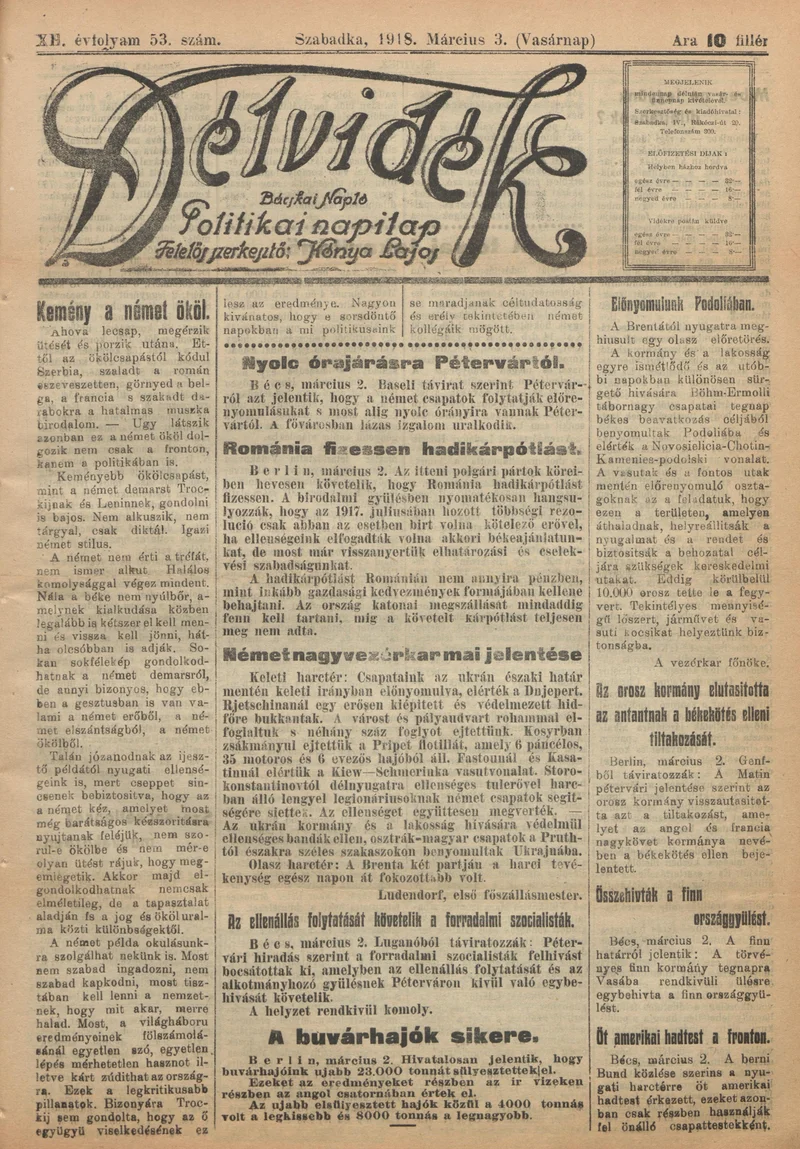 Délvidék, 12. évf. 1918. március 3. 53. sz.