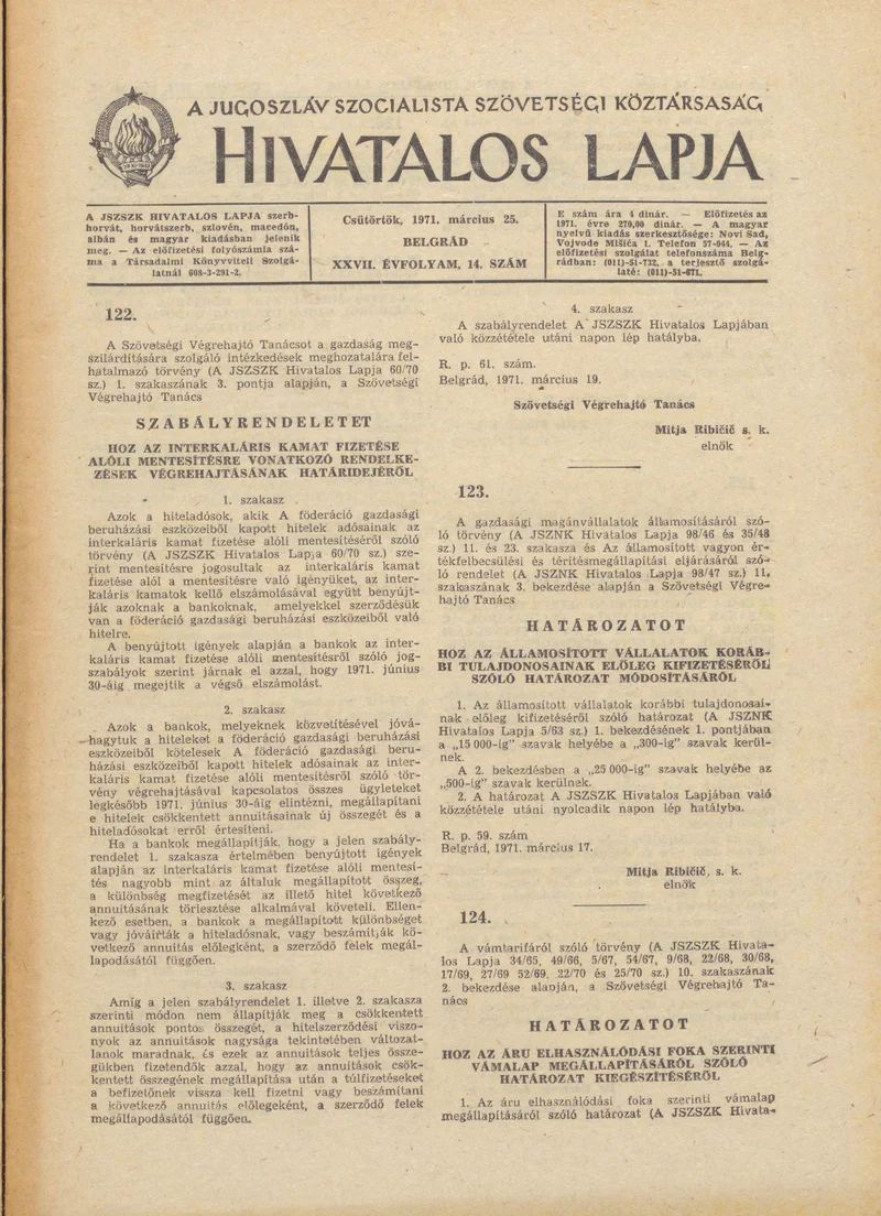 A Jugoszláv Szocialista Szövetségi Köztársaság Hivatalos Lapja, 27. évf. 1971. március 25. 14. sz. 241–244. oldal