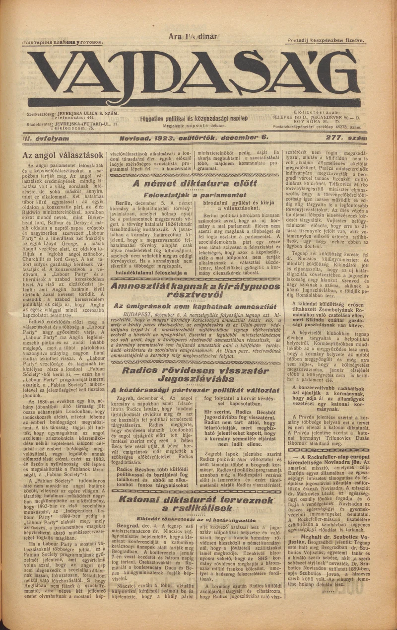 Vajdaság, 3. évf. 1923. december 6. 277. sz.