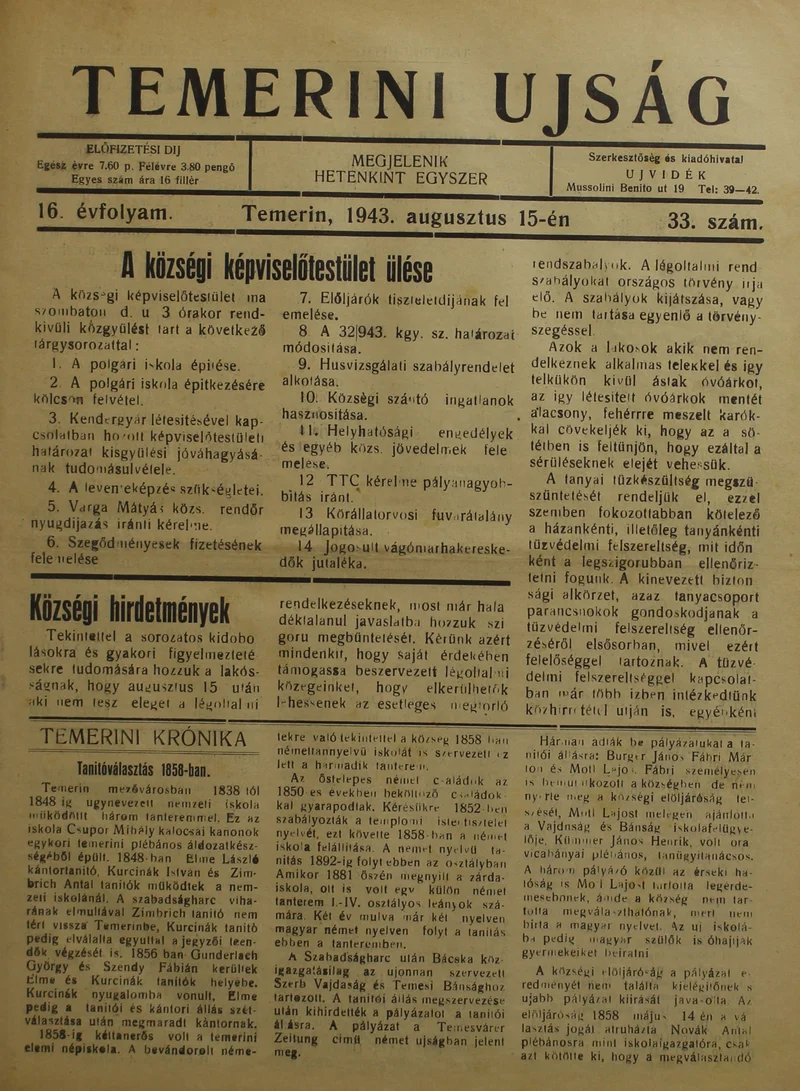 Temerini Újság 1928-1944, 16. évf. 1943. augusztus 15. 33. sz.