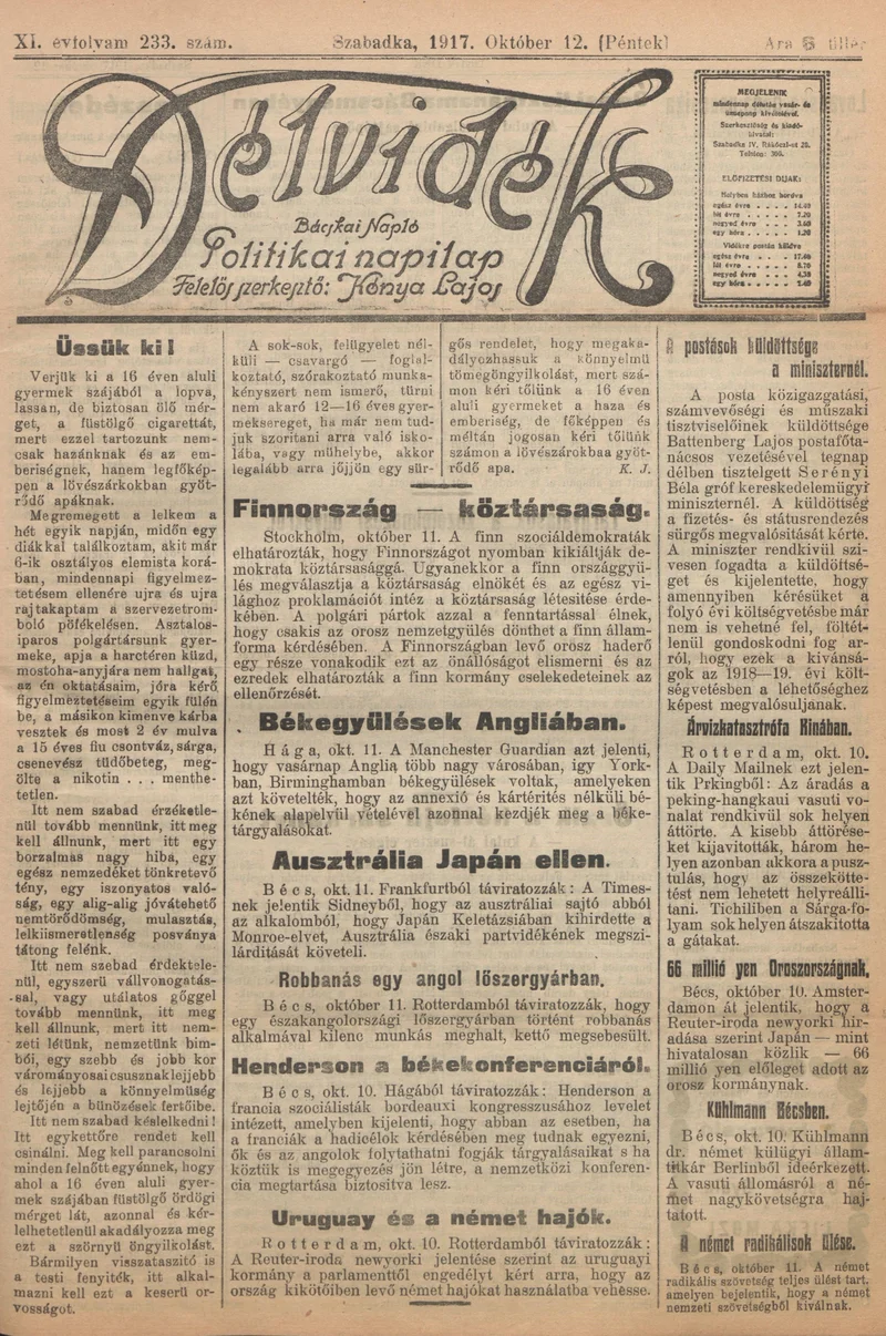 Délvidék, 11. évf. 1917. október 12. 233. sz.