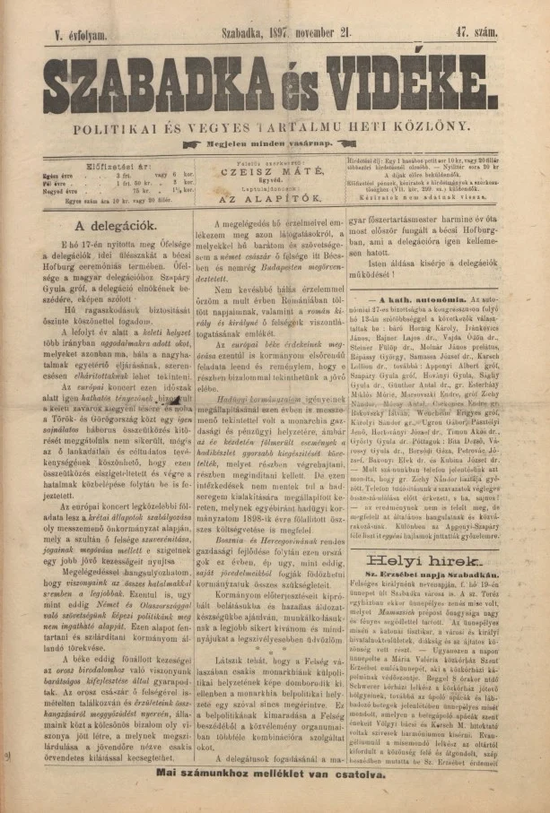Szabadka és vidéke II, 5. évf. 1897. november 21. 47. sz.