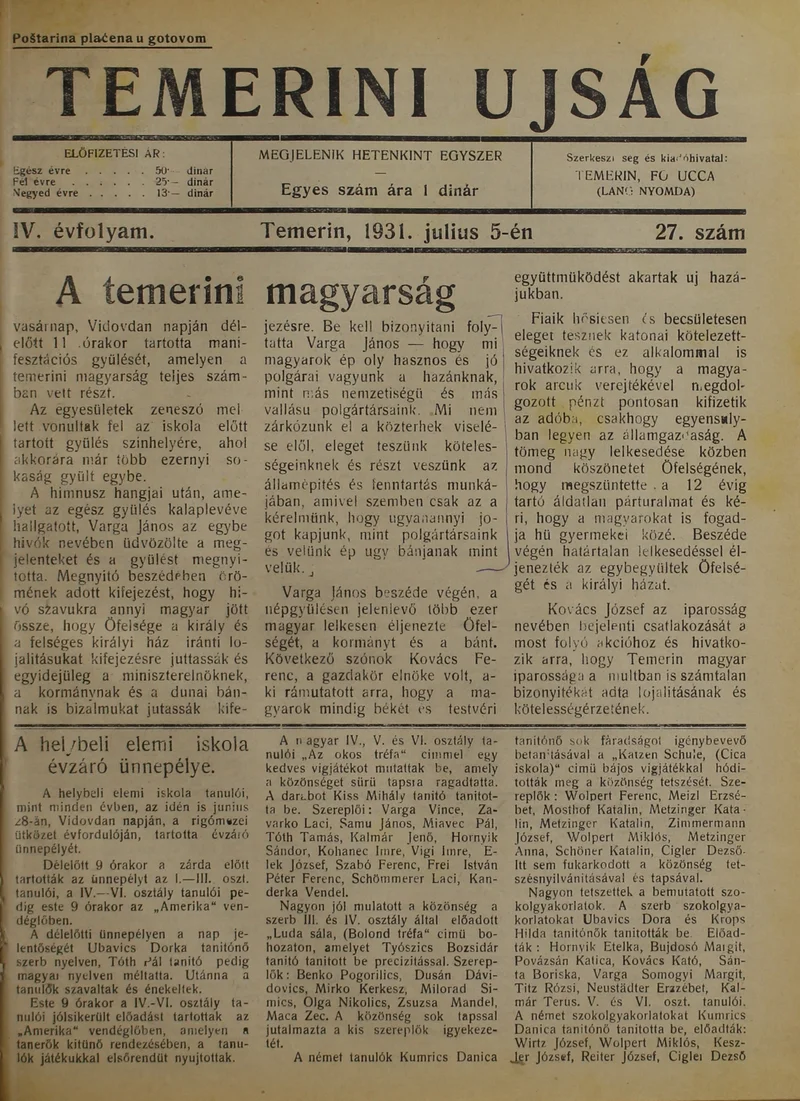 Temerini Újság 1928-1944, 4. évf. 1931. július 5. 27. sz.