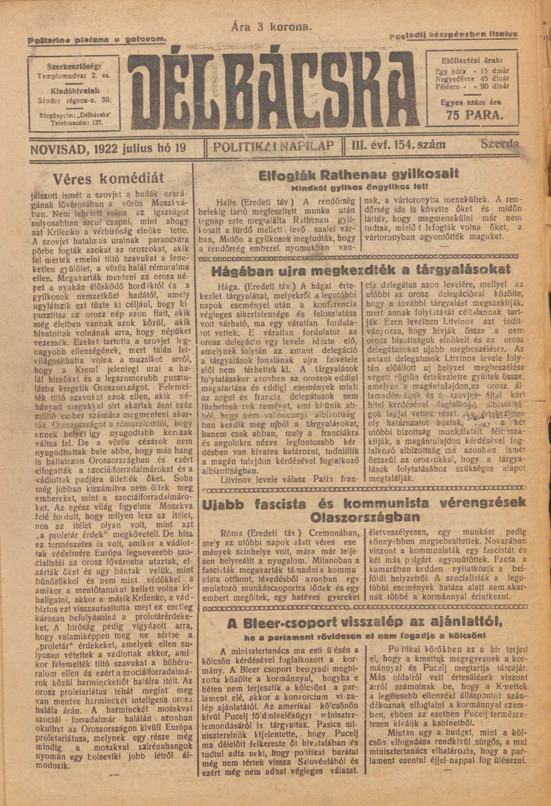 Délbácska, 3. évf. 1922. július 19. 154. sz.