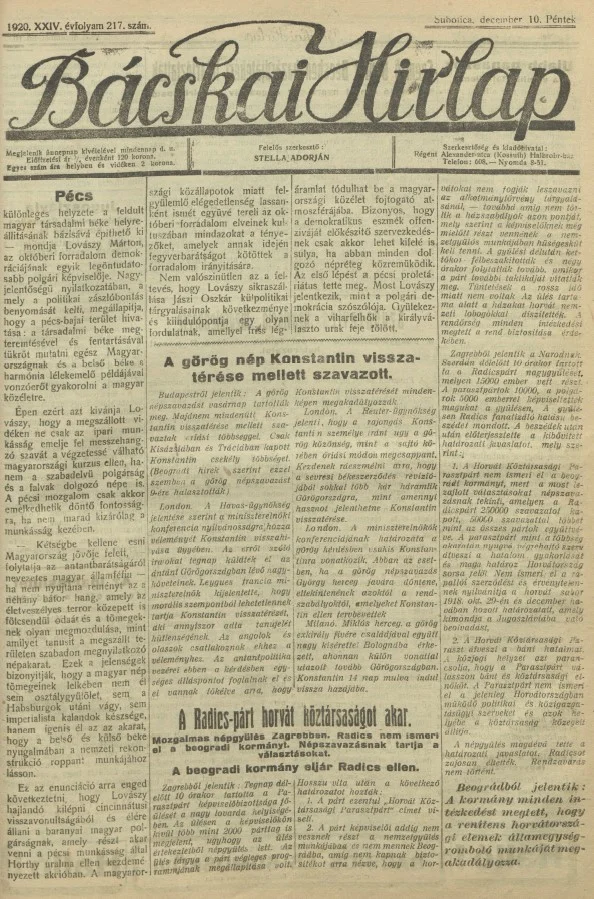Bácskai Hirlap, 24. évf. 1920. december 10. 217. sz.