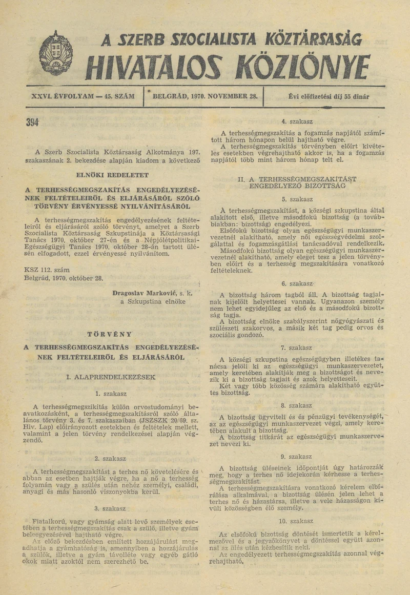 A Szerb Szocialista Köztársaság Hivatalos Közlönye, 26. évf. 1970. november 28. 45. sz. 1201–1208. oldal