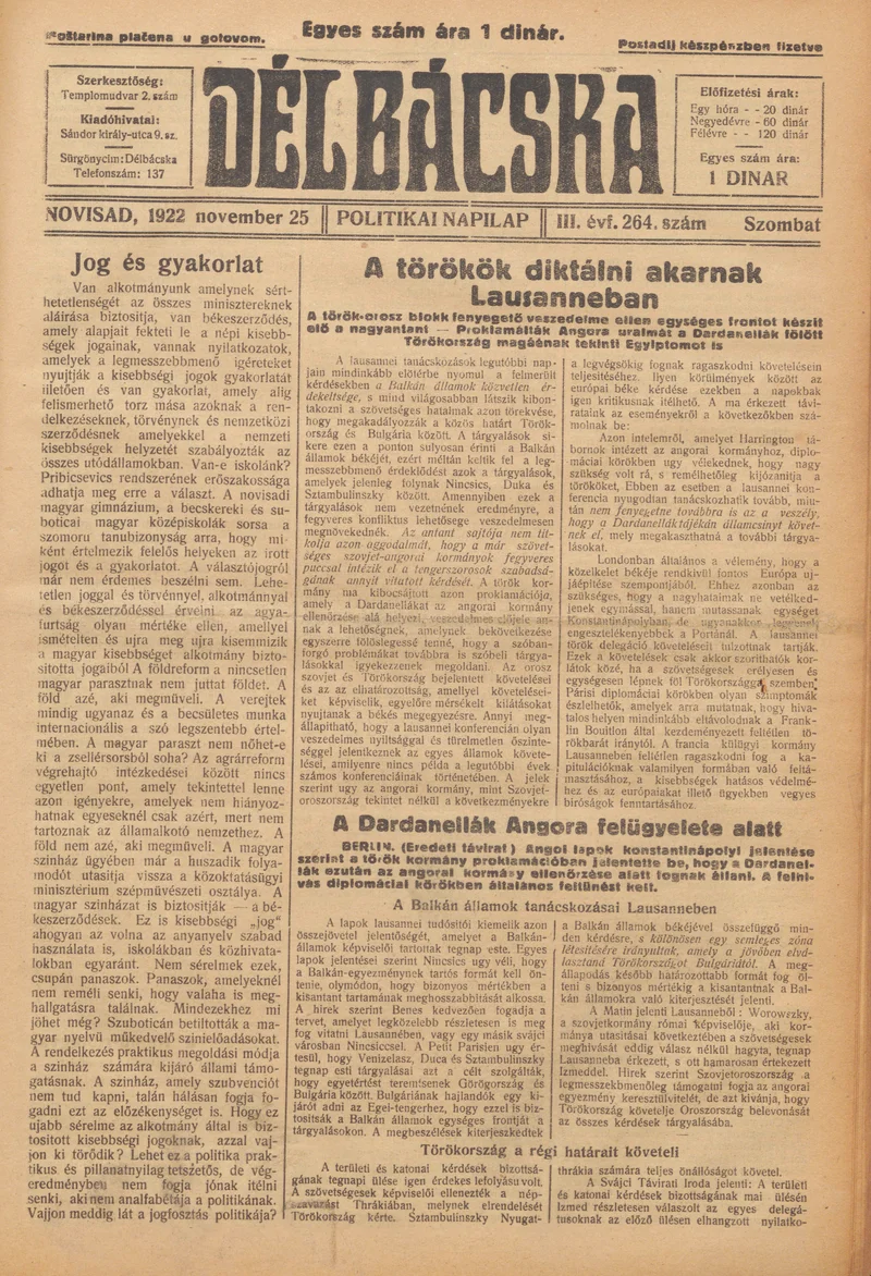 Délbácska, 3. évf. 1922. november 25. 264. sz.