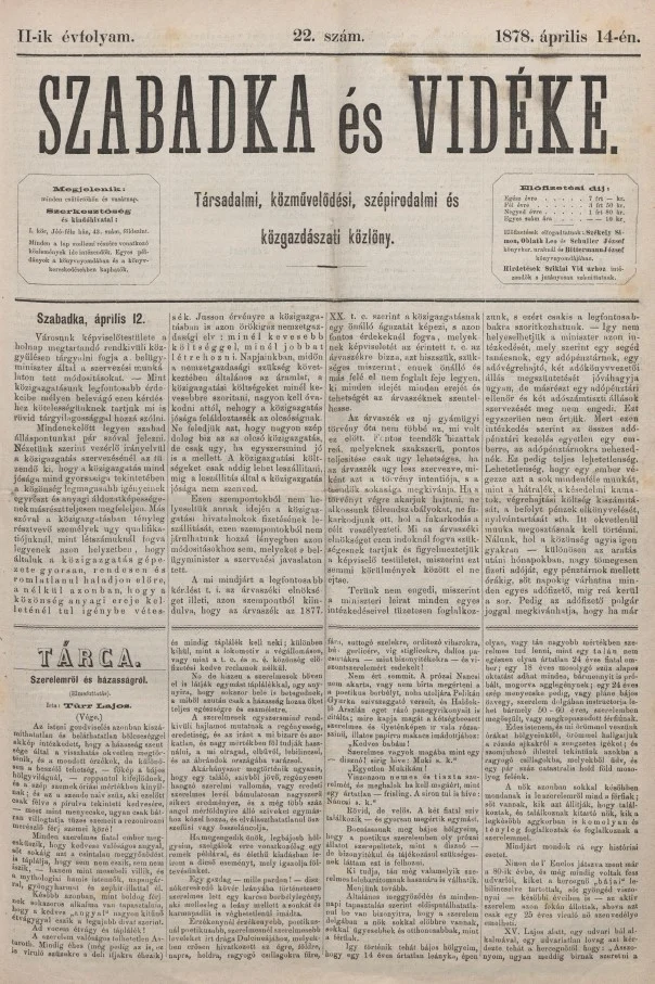 Szabadka és vidéke, 2. évf. 1878. április 14. 22. sz.