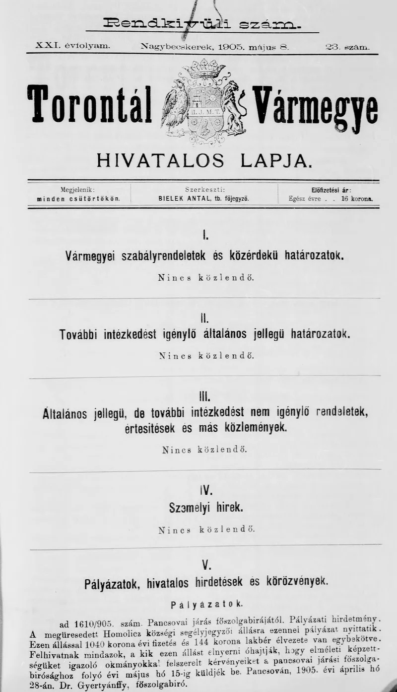 Torontál Vármegye Hivatalos Lapja, 21. évf. 1905. május 8. 23. sz.
