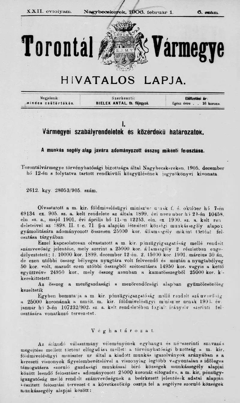 Torontál Vármegye Hivatalos Lapja, 22. évf. 1906. február 1. 6. sz.