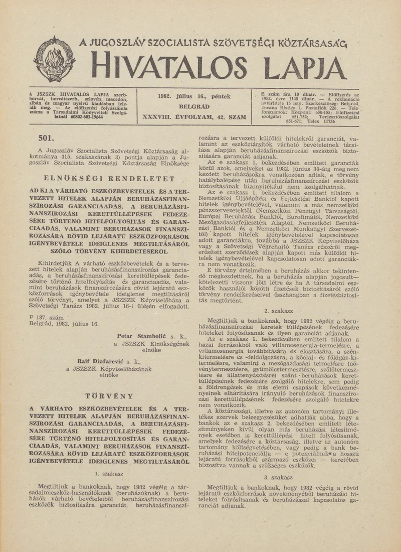 A Jugoszláv Szocialista Szövetségi Köztársaság Hivatalos Lapja, 38. évf. 1982. július 16. 42. sz. 1049–1064. oldal