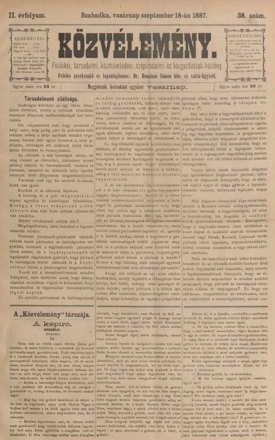 Közvélemény, 2. évf. 1887. szeptember 18. 38. sz.