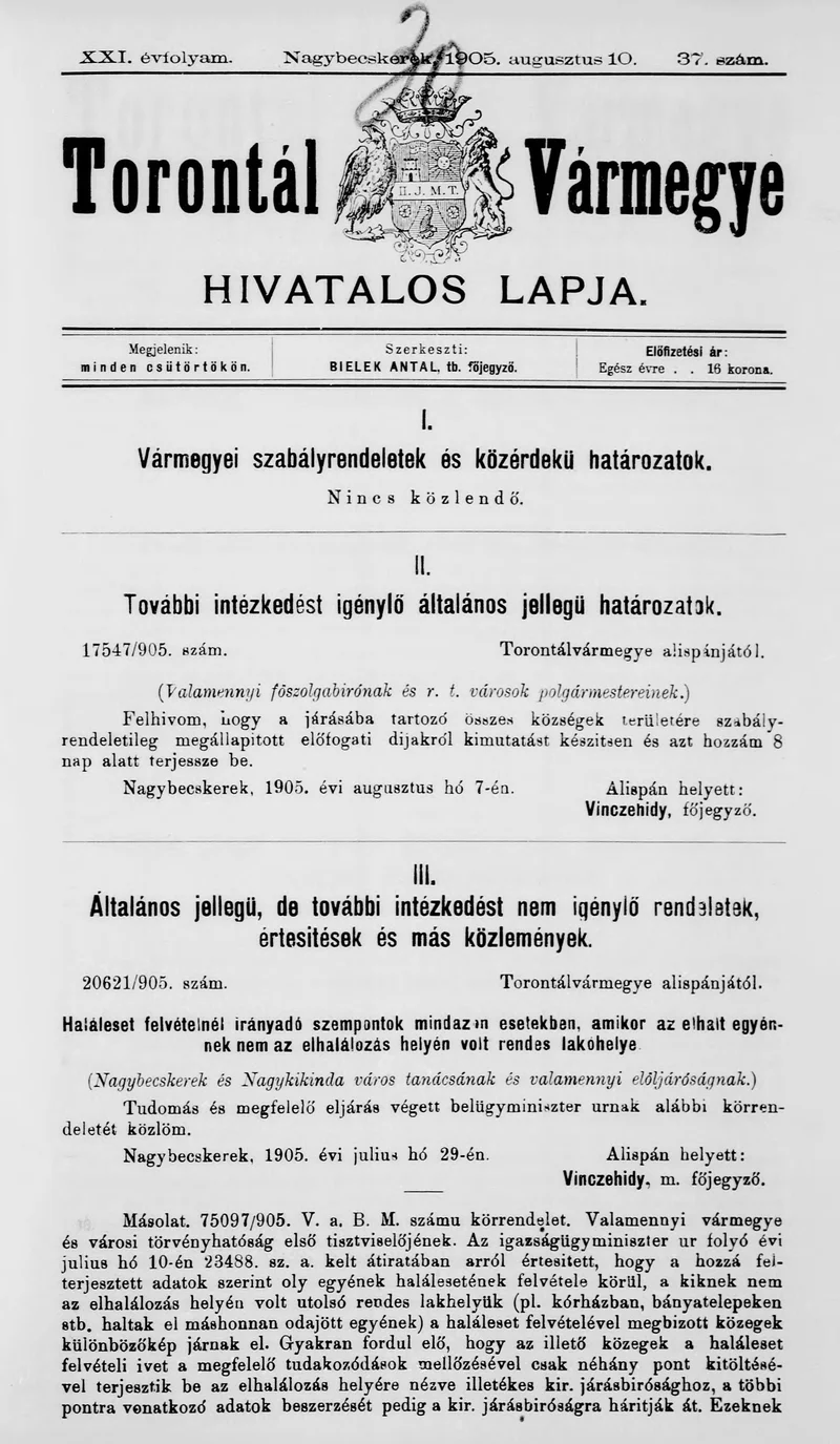 Torontál Vármegye Hivatalos Lapja, 21. évf. 1905. augusztus 10. 37. sz.
