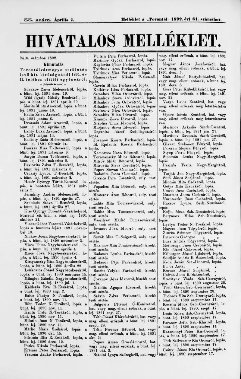 A Totontál  hivatalos melléklete, 5. évf. 1892. április 7. 55. sz.
