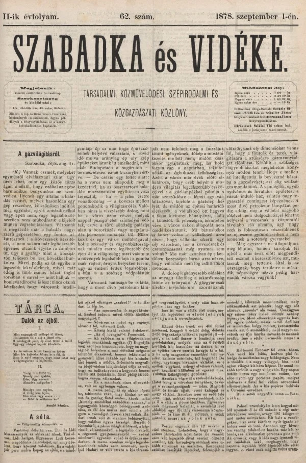 Szabadka és vidéke, 2. évf. 1878. szeptember 1. 62. sz.