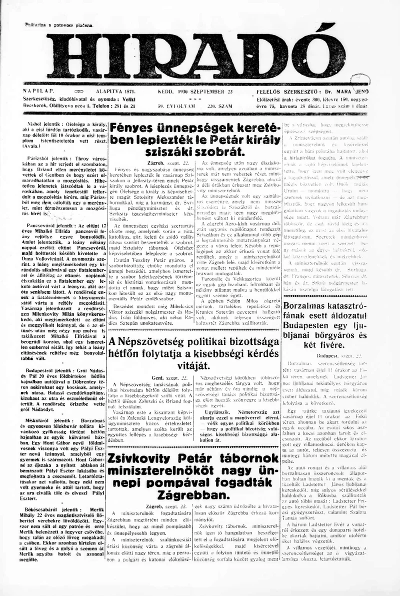 Híradó, 59. évf. 1930. szeptember 23. 220. sz.