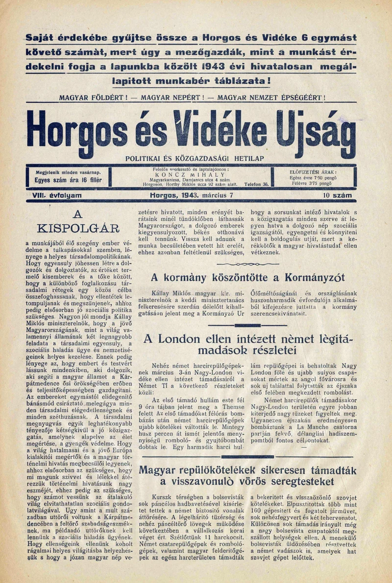 Horgos és vidéke, 8. évf. 1943. március 7. 10. sz.