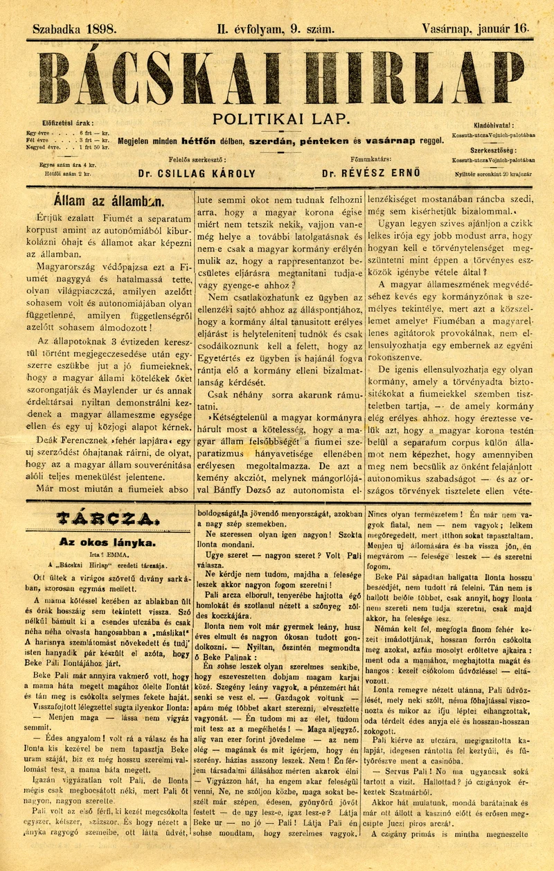 Bácskai Hirlap, 2. évf. 1898. január 16. 9. sz. 1–4. oldal