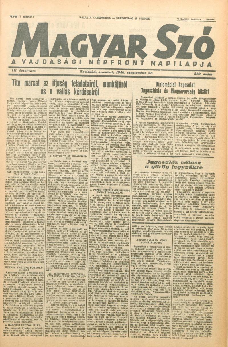 Magyar Szó, 3. évf. 1946. szeptember 28. 230. sz. 1–4. oldal