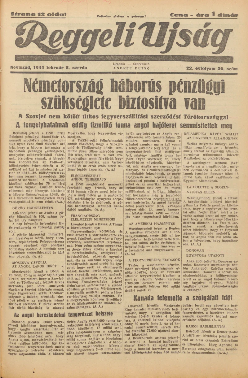 Reggeli Újság, 22. évf. 1941. február 5. 36. sz.