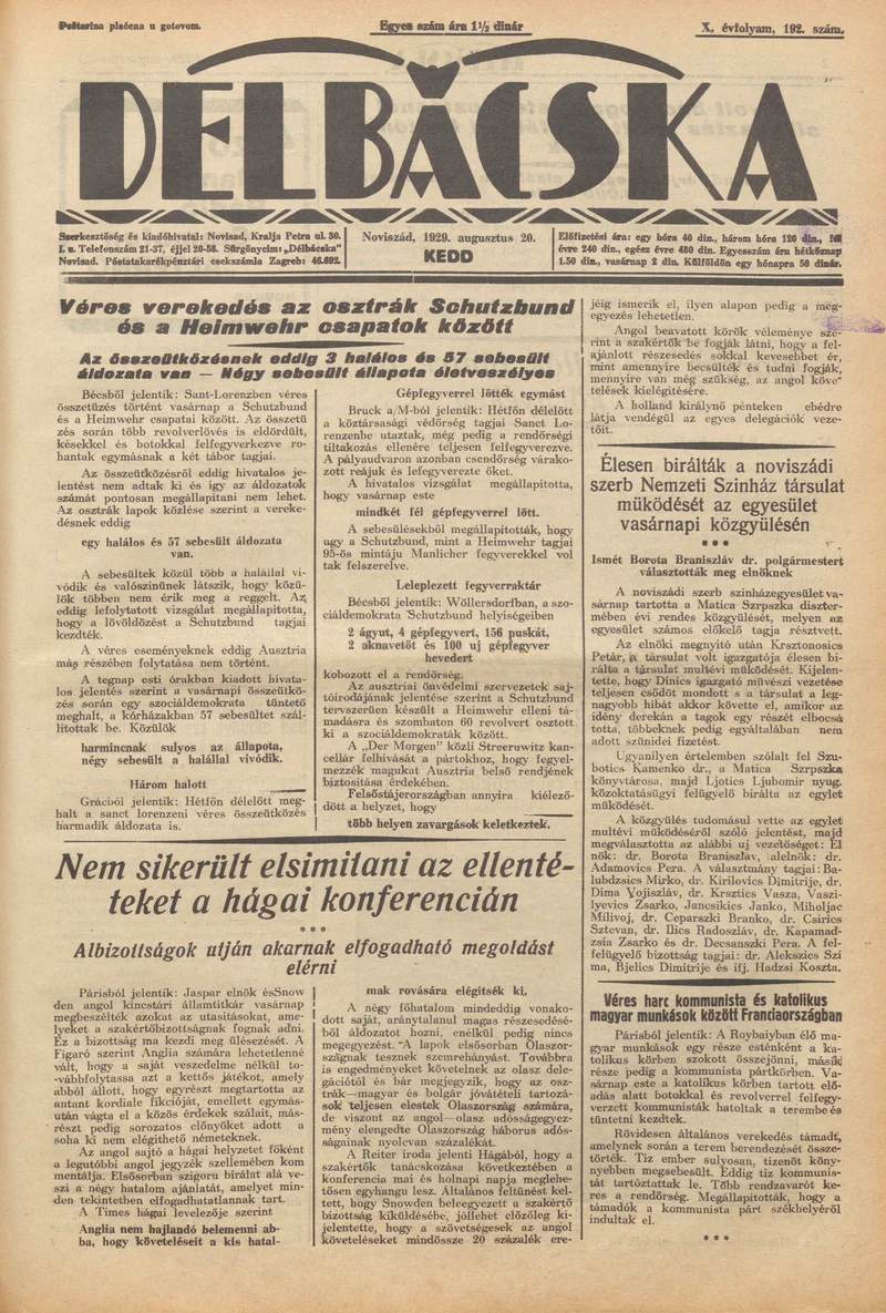 Délbácska, 10. évf. 1929. augusztus 20. 192. sz.