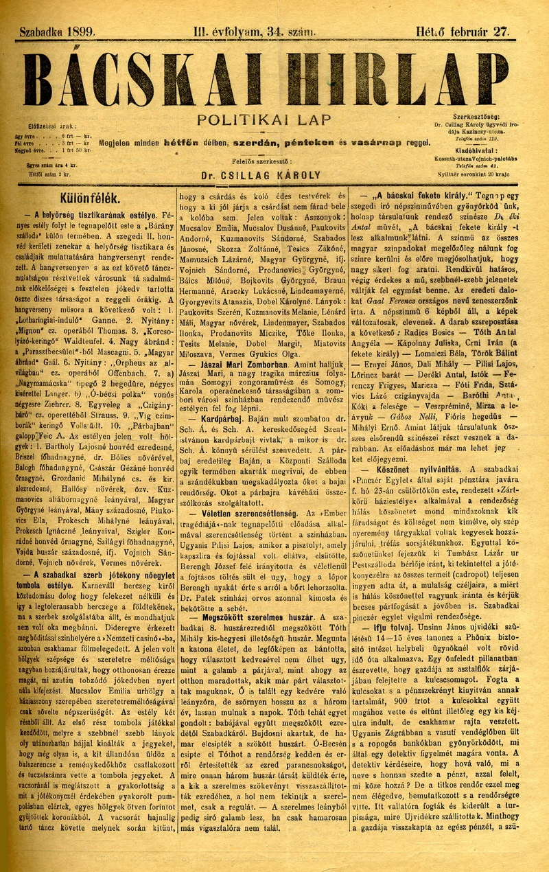 Bácskai Hirlap, 3. évf. 1899. február 27. 34. sz.
