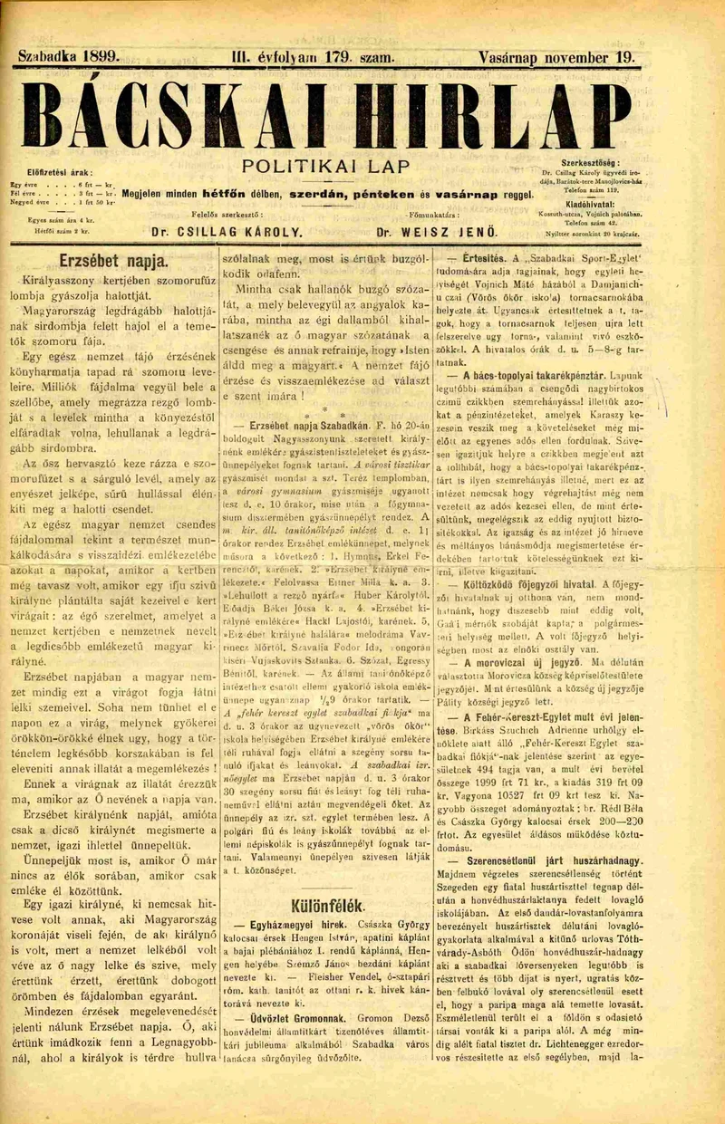 Bácskai Hirlap, 3. évf. 1899. november 19. 179. sz.