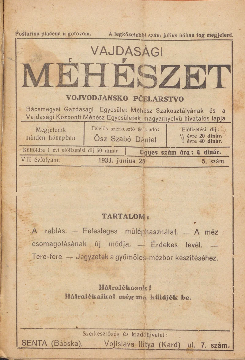 Vajdasági méhészet, 8. évf. 1933. június 25. 5. sz.