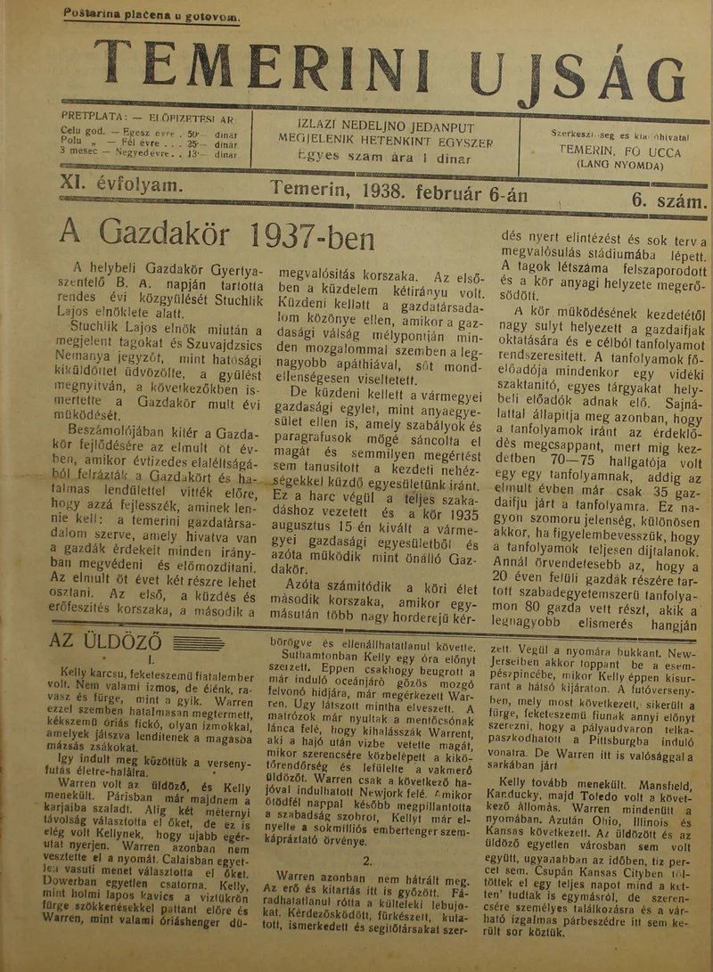 Temerini Újság 1928-1944, 11. évf. 1938. február 6. 6. sz.