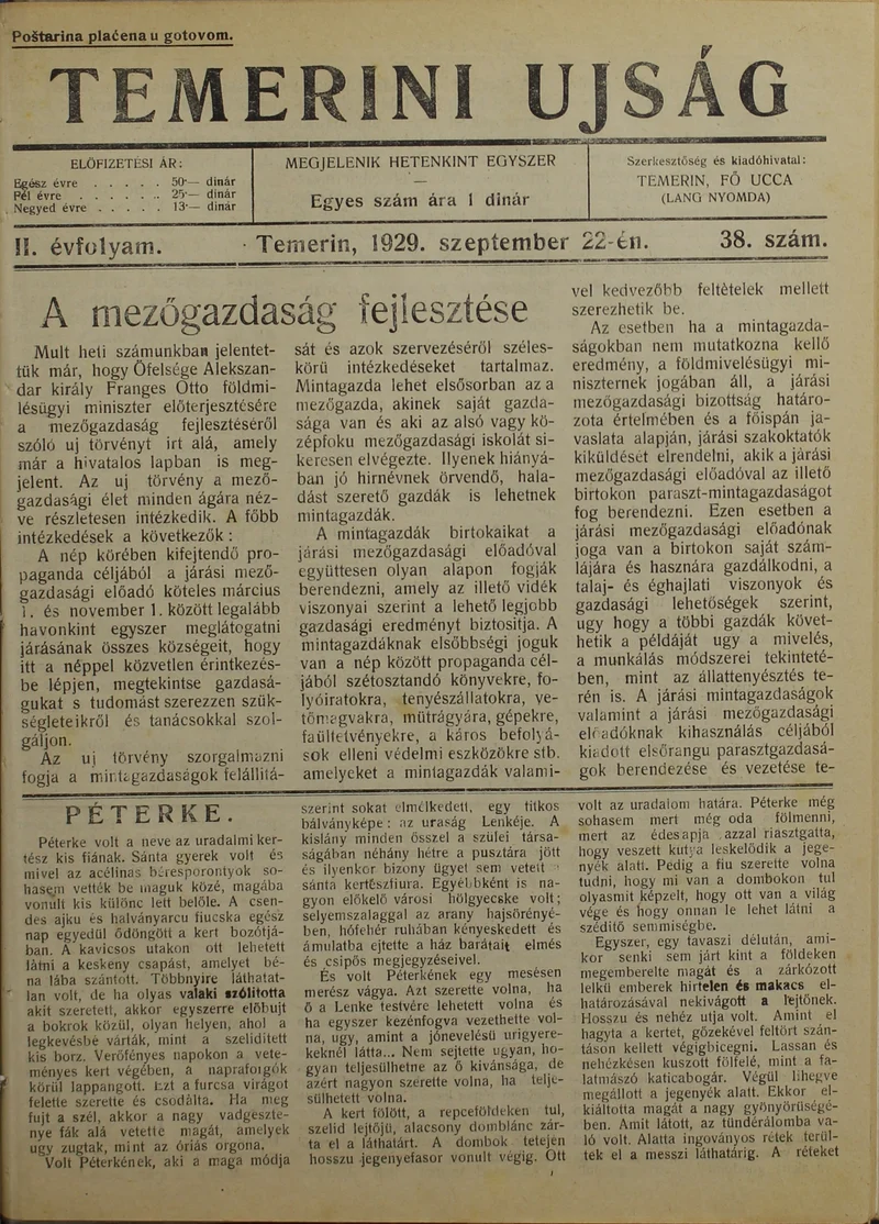 Temerini Újság 1928-1944, 2. évf. 1929. szeptember 22. 38. sz.