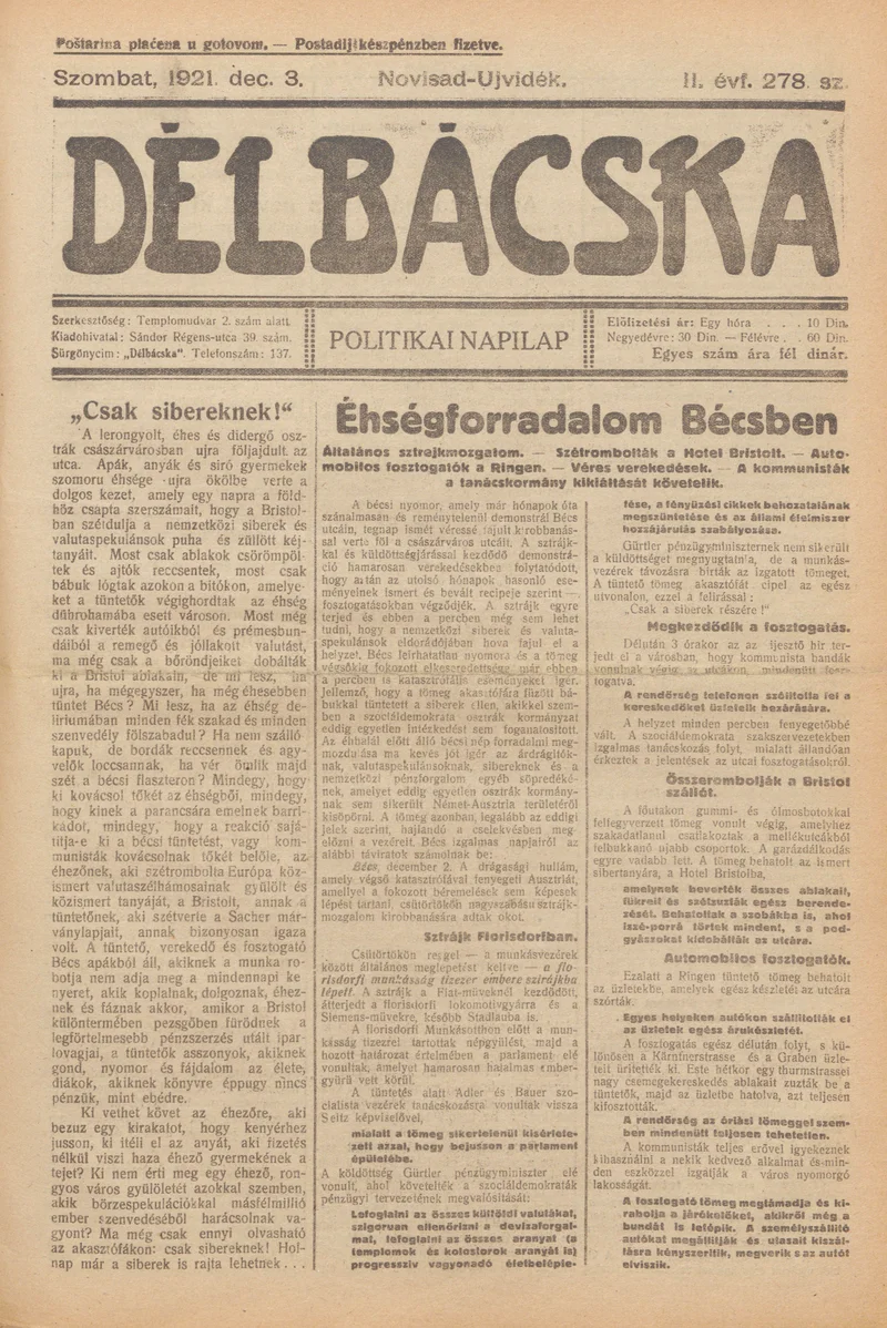 Délbácska, 2. évf. 1921. december 3. 278. sz.
