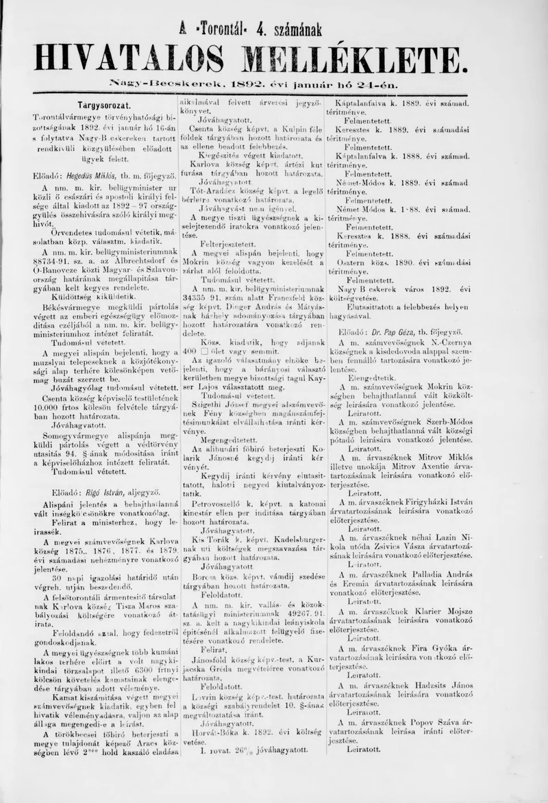 A Totontál  hivatalos melléklete, 5. évf. 1892. január 24. 4. sz.