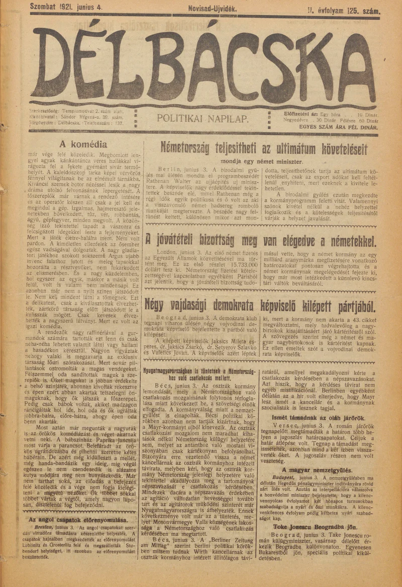Délbácska, 2. évf. 1921. június 4. 125. sz.