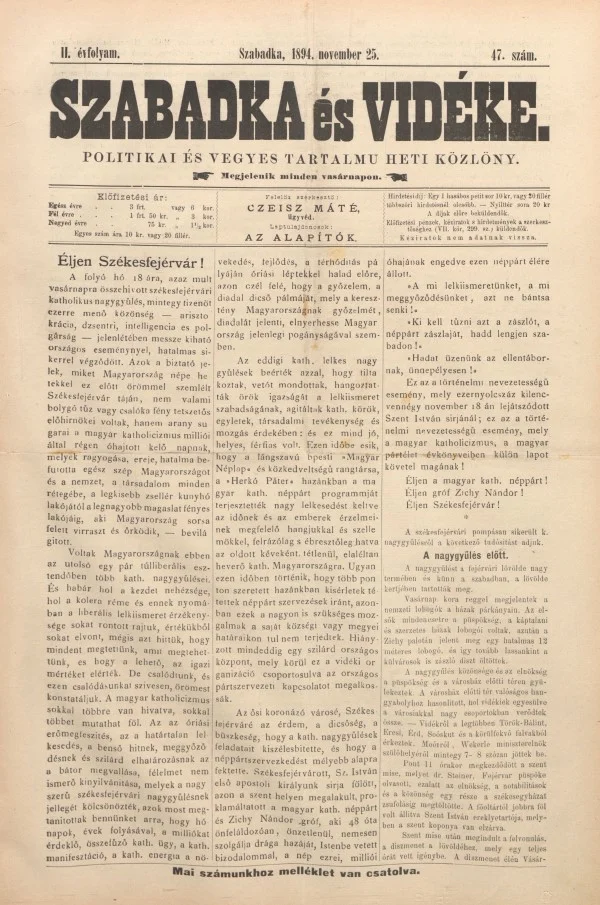 Szabadka és vidéke II, 2. évf. 1894. november 25. 47. sz.