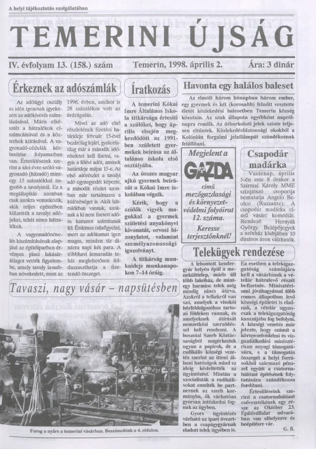 Temerini Újság, 4. évf. 1998. április 2. 13. sz.