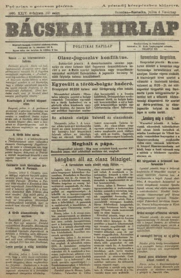 Bácskai Hirlap, 24. évf. 1920. július 4. 103. sz.
