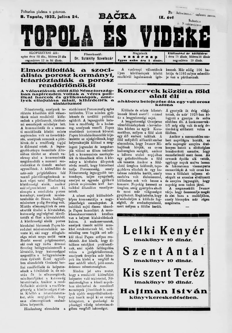 Bačka Topola és Vidéke, 9. évf. 1932. július 24. 30. sz.